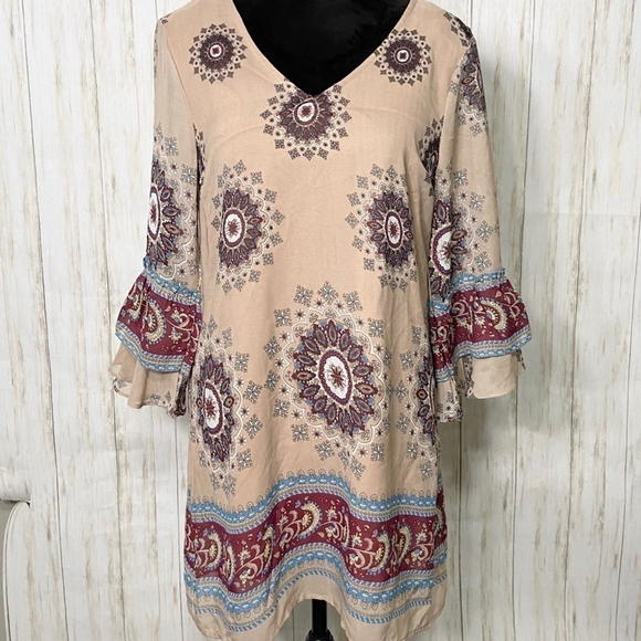 UMGEE NWT Boho Dress Tunic Tan Mandala Medallion Paisley Size Small - Picture 3 of 11